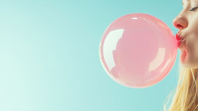 Woman blowing a large pink bubblegum bubble against a blue background, side profile. Joyful and playful concept