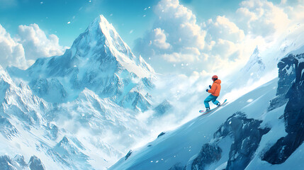 Skilled Snowboarder Tightening Bindings on a Powdery Snowy Slope with Icy Mountain Peaks in View