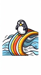 A playful cartoon penguin slides down a colorful rainbow wave, capturing a whimsical and fun atmosphere.