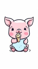 Cute cartoon piglet enjoying an ice cream cone, radiating joy and sweetness.