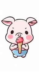 Cute cartoon piglet holding an ice cream cone, looking adorable with a slight pout.