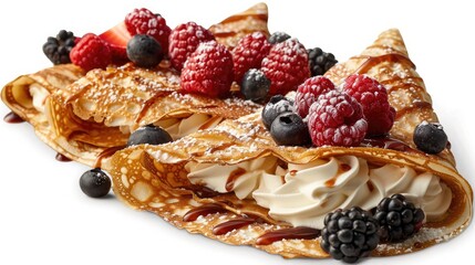 Thin, French, and utterly delicious, featuring deliciously filled crepes, loaded with fresh fruit and whipped cream, beautifully presented on a pristine white side view 