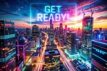 Aerial Photography of Urban Landscape with Digital Glitch Effects Featuring Get Ready Text in Neon Colors, Perfect for Futuristic and Tech-Inspired Themes