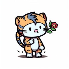 Obraz premium A cute cartoon tiger character holding a flower, smiling with playful charm.