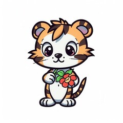 A cute cartoon tiger character holding a colorful flower, radiating joy and playfulness.
