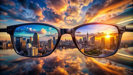 Aerial View of a Blurred Cityscape Through Glasses with Mockup Sky Texture - Vision and Perspective Concept for Creative Design Use