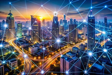 Aerial View of Abstract Lines and Dots Forming a Digital Connection over a Futuristic Cityscape, Showcasing the Intersection of Technology and Modern Design