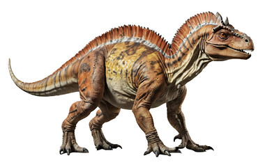 Fototapeta premium A detailed 3D rendering of a Carnotaurus dinosaur, showcasing its unique horns, textured skin, and powerful build against a black background.