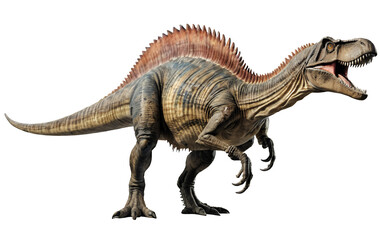 Fototapeta premium A detailed 3D rendering of a Spinosaurus, a large theropod dinosaur with a sail on its back, shown in a side profile, against a black background.