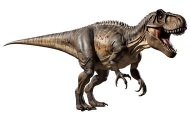 Fototapeta premium A fearsome Tyrannosaurus Rex, digitally rendered, stands on a black background, its mouth open in a roar.