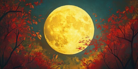 Yellow moon is in the sky above a forest of trees with red leaves