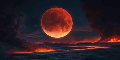 Red moon is in the sky above a lava field