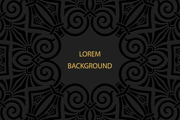 Ethnic black lorem ipsum background, tribal cover design, banner. Geometric abstract 3d pattern, embossing, place for text. Ornaments of the East, Asia, India, Mexico in the style of artistic boho.
