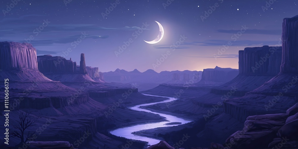 Wall mural computer generated image of a river with a large moon in the sky