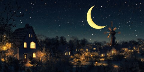 Naklejka premium Small town at night with a windmill and a large moon