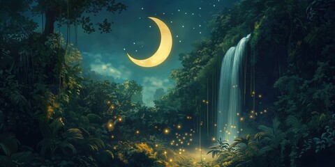 Forest scene with a large yellow moon and a waterfall