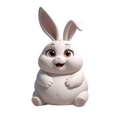Obraz premium Adorable cartoon bunny rabbit, fluffy, white fur, sitting, happy expression, large eyes.