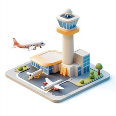 Isometric airport with planes and control tower.