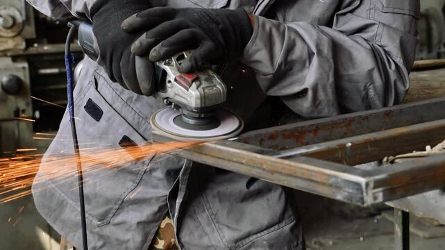 A man uses a special tool to grind metal in a workshop. Interior of a heavy machinery plant with an industrial worker. A man grinds metal with a grinding machine and many sparks fly to the side.
