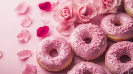 Pink frosted donuts with rose petals and flowers, pastel aesthetic. Sweet indulgence and romantic concept
