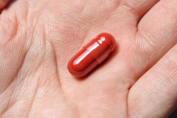 Shiny red pill lies in open palm of hand, representing concepts of medicine, healthcare, pharmaceuticals, treatment, and medication