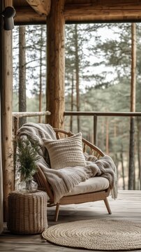 Cozy scandinavian cabin balcony with rattan chair overlooking pine forest