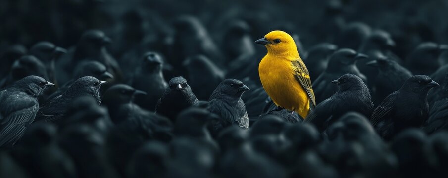 A bright yellow bird standing out among dark birds, symbolic contrast concept
