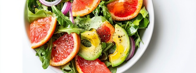 A tangy grapefruit and avocado salad with mixed greens, red onion, and a citrus vinaigrette