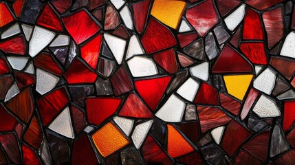 Colorful stained glass mosaic with vibrant red and orange fragments, artistic abstract concept