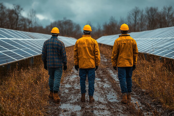 Workers inspecting solar panel farm on a cloudy day