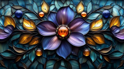 Stained glass artwork featuring a large purple flower with intricate leaves and colorful orbs. Artistic design and decorative concept