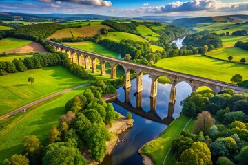Aerial View of Arthington Viaduct Overlooking the Scenic River Wharfe in West Yorkshire Surrounded by Lush Greenery and Rolling Hills on a Clear Day