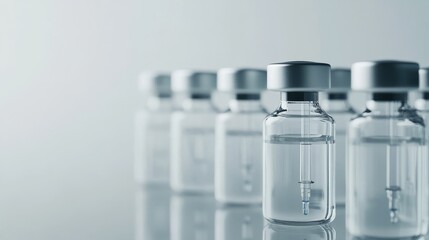 Row of glass vials with medication on reflective surface, medical research and vaccination concept