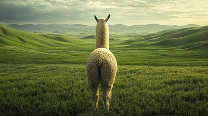 Fototapeta premium Alpaca on green hilly landscape at dawn, peaceful nature scene. Wildlife and tranquility concept