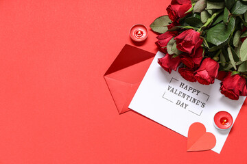 Greeting card with text HAPPY VALENTINE'S DAY, burning candles and rose flowers on red background