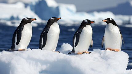 Fototapeta premium Gentoo penguins showcase their elegance on ice, amidst breathtaking icebergs in antarctica
