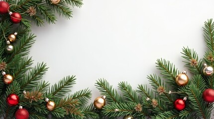 Lush Green Christmas Branches Border with Red and Gold Baubles and Silver Bells