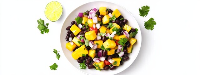 A tangy mango and black bean salad with diced mango, black beans, red onion