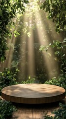 Wooden platform surrounded by lush greenery with sun rays filtering through the leaves, serene nature scene. Tranquil forest environment concept