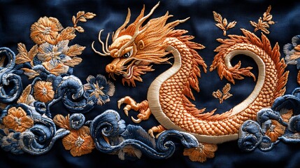 Fototapeta premium Graceful Golden Dragon Embroidery on Dark Fabric