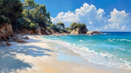 Fototapeta premium Serene Coastal Scene With Sandy Beach And Lush Green Trees