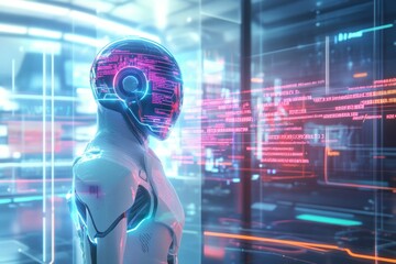 Naklejka premium A futuristic, high-tech scene featuring an artificial intelligence represented as a glowing holographic figure with a sleek
