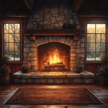 Cozy stone fireplace in a rustic cabin with warm light and autumn scenery outside.