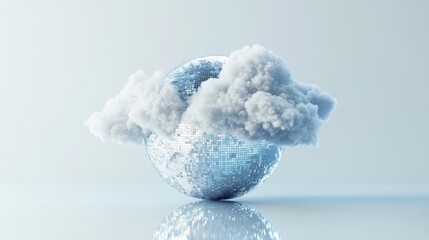 Fototapeta premium A reflective disco ball partially obscured by fluffy clouds on a smooth surface, abstract concept. Surreal art and creativity concept