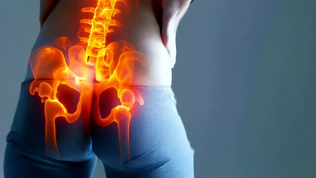 Coccyx strain: visual depiction of pain radiating from coccyx and lower back area, showcasing spinal discomfort, physical strain associated with chronic low back pain.