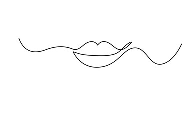 Woman Lips Continuous Line Art Illustration, Lips continuous one line drawing of isolated outline vector icon, Single continuous one line art female lips, Beauty salon woman girl smile concept design.