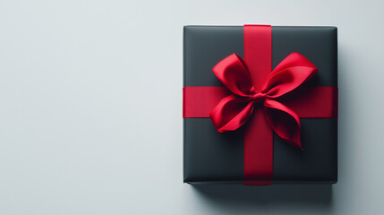 Elegant black gift box with stunning red ribbon against a white backdrop, perfect for special occasions