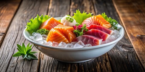 Aerial View of Fresh Sashimi Slices in a Stylish White Bowl on Ice on a Rustic Wooden Table, Showcasing Traditional Japanese Cuisine in an Inviting Setting