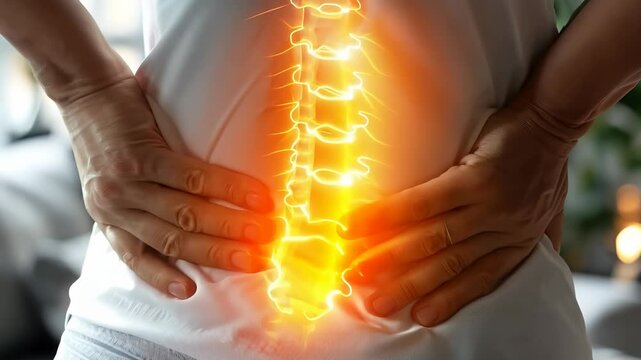 Coccyx strain: visual depiction of pain radiating from coccyx and lower back area, showcasing spinal discomfort, physical strain associated with chronic low back pain.