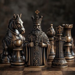 Bronze chess pieces, king, knight, pawn, bishop, rook on a chessboard.